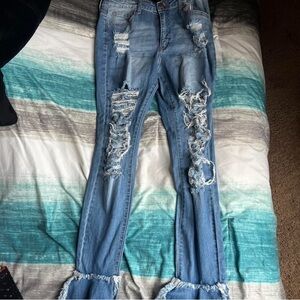 Fashion Nova Blue Distressed Flare Jeans
